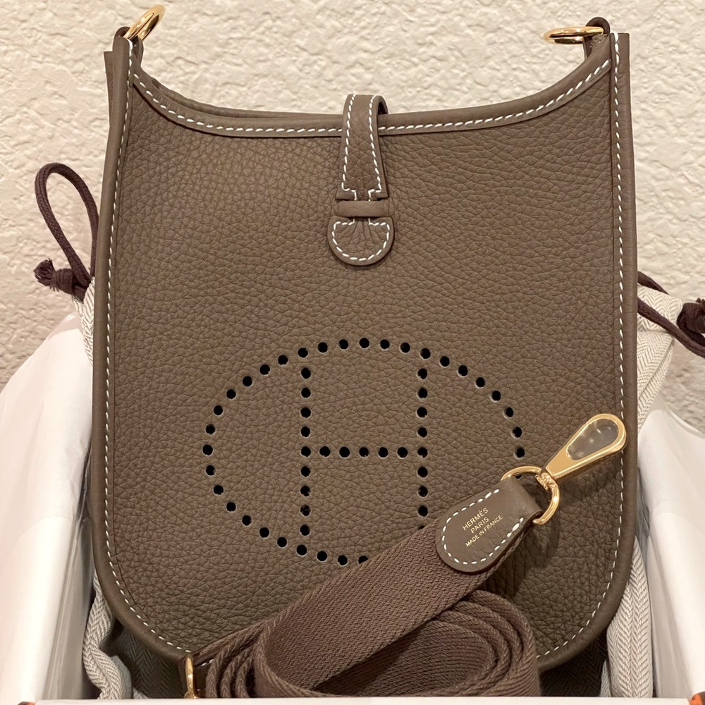 Hermes Mini Evelyne TPM Amazone Bag in Etoupe with Gold Hardware